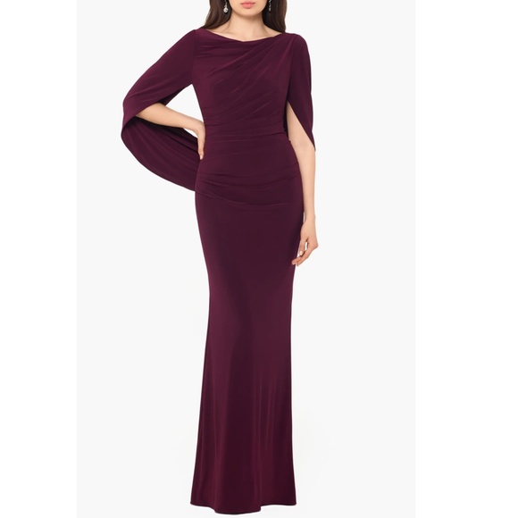 NEW Betsy & Adam BURGUNDY Cape Long Sleeve RUCHED Trumpet EVENING GOWN 10 - Picture 9 of 12